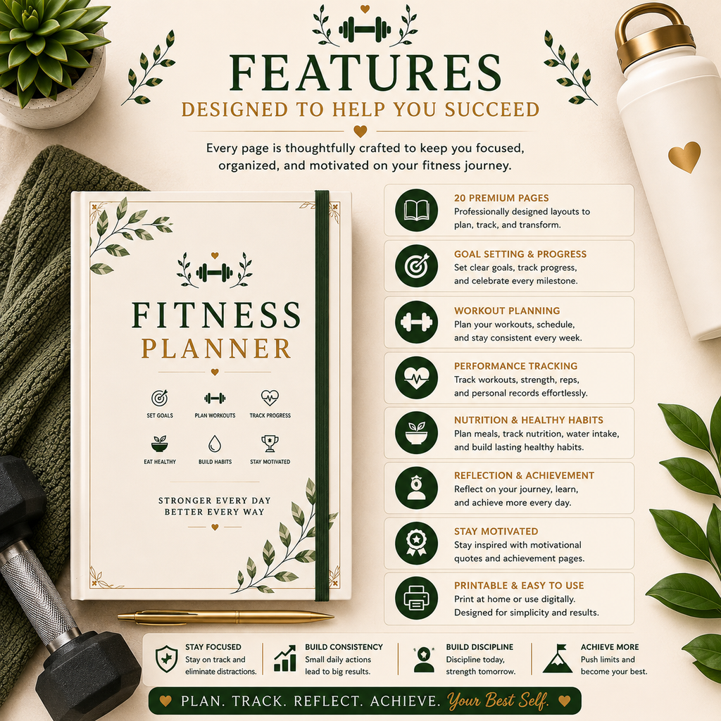 Premium Fitness Planner | Printable Workout, Meal & Wellness Tracker | 20-Page Digital PDF