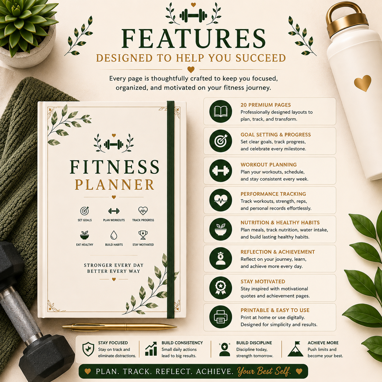 Premium Fitness Planner | Printable Workout, Meal & Wellness Tracker | 20-Page Digital PDF