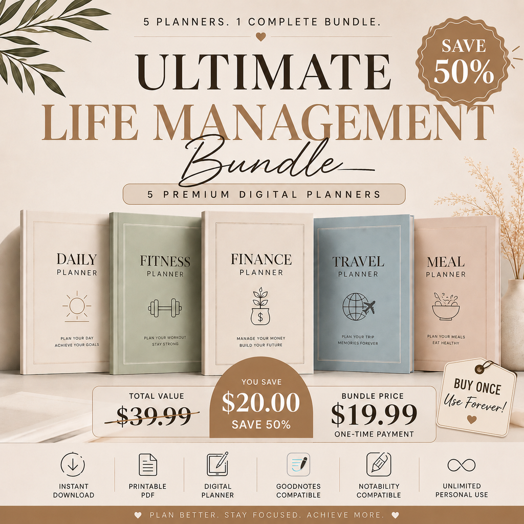 Ultimate Life Management Bundle | 5 Premium Digital Planners | Printable PDF | Goodnotes & Notability
