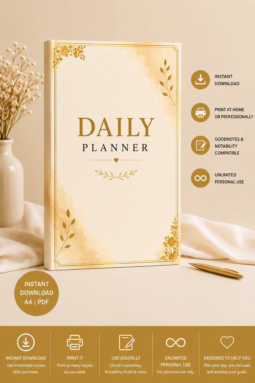 Premium Daily Planner | Printable PDF | Digital Daily Planner | Goodnotes & Notability Compatible