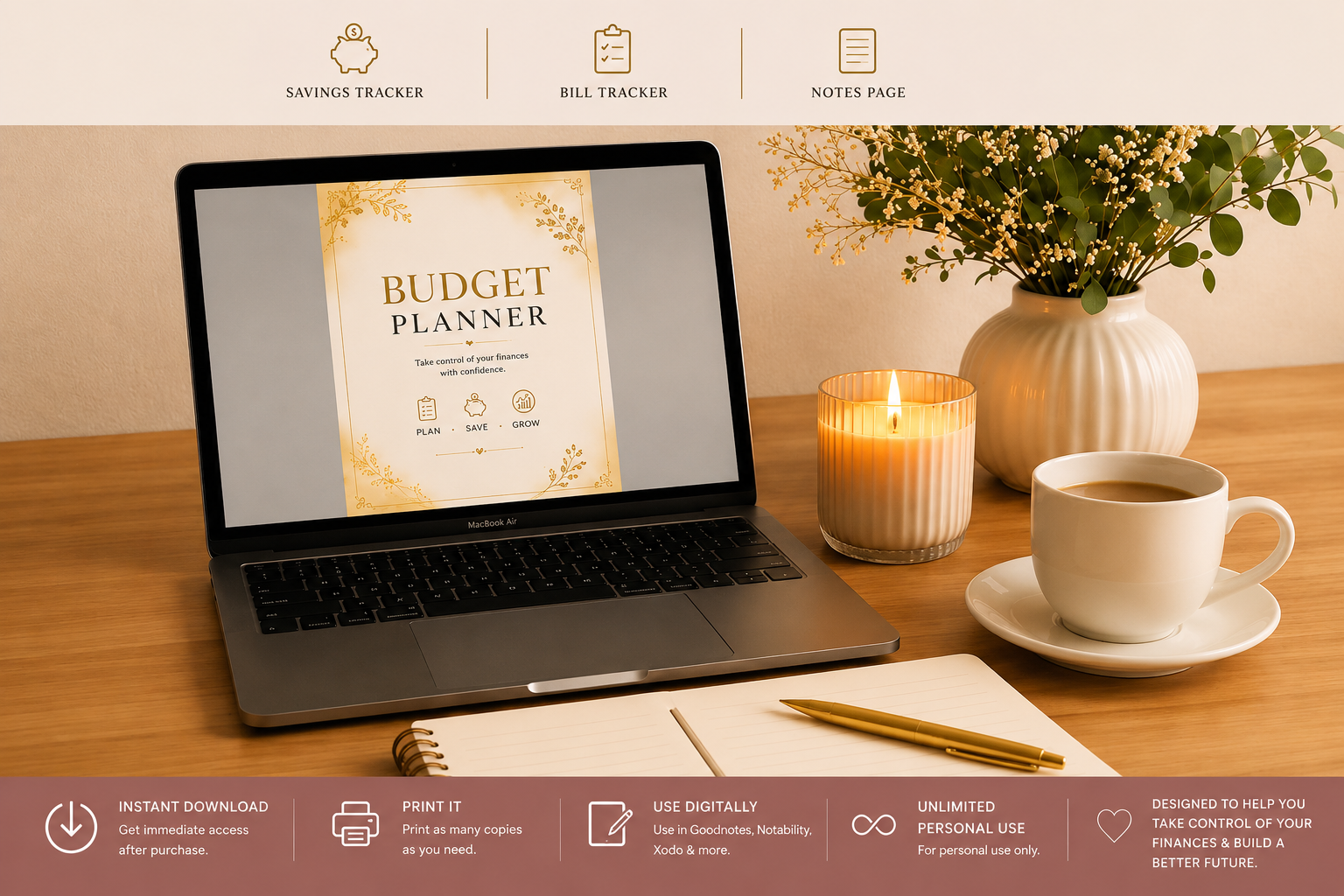Premium Budget Planner | Printable PDF | Digital Finance Planner | Goodnotes & Notability Compatible