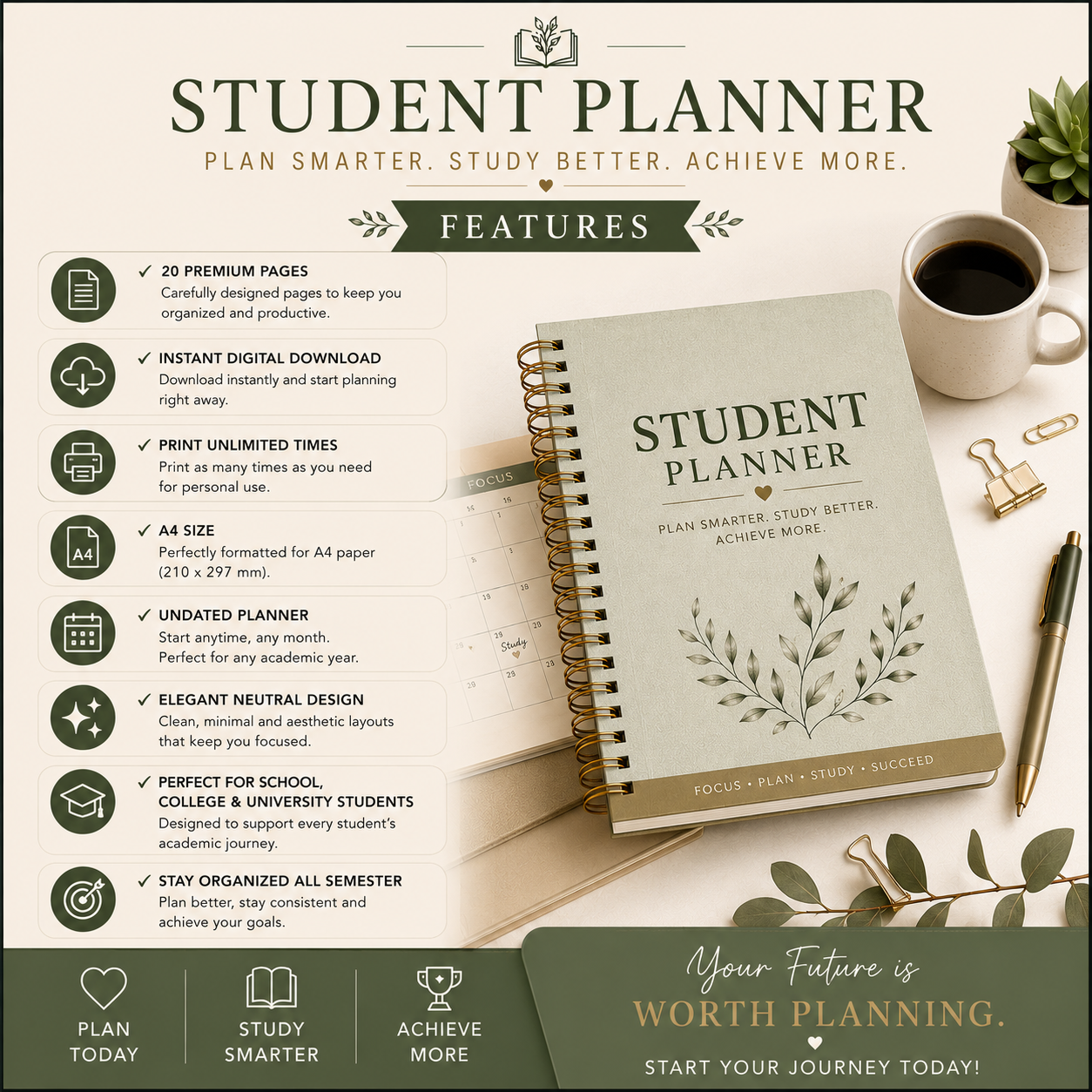 Premium Student Planner | 20-Page Printable PDF | Academic Planner | Digital Download | Study Organizer