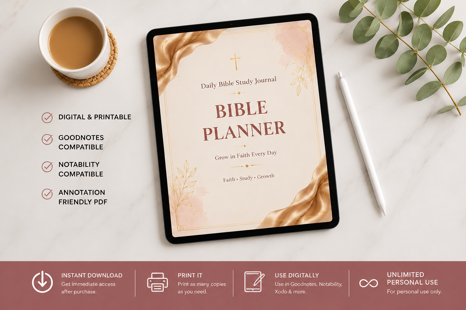 Premium Bible Study Planner | Printable PDF | Digital Faith Journal | Goodnotes & Notability Compatible