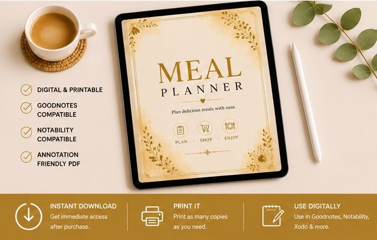 Premium Meal Planner | Printable PDF | Digital Weekly Meal Planner | Goodnotes & Notability Compatible