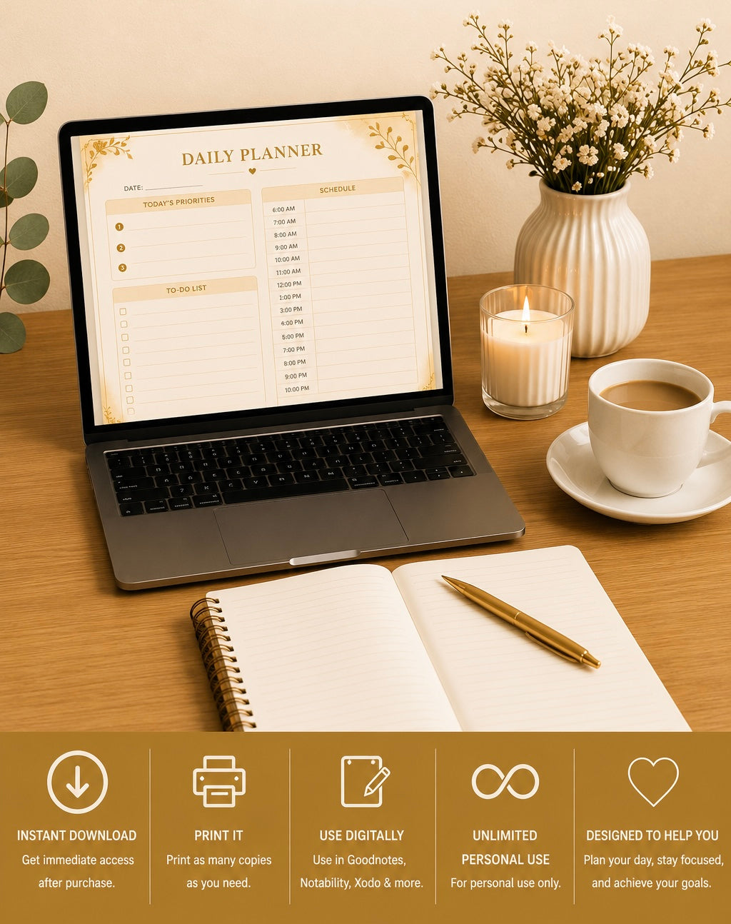 Premium Daily Planner | Printable PDF | Digital Daily Planner | Goodnotes & Notability Compatible
