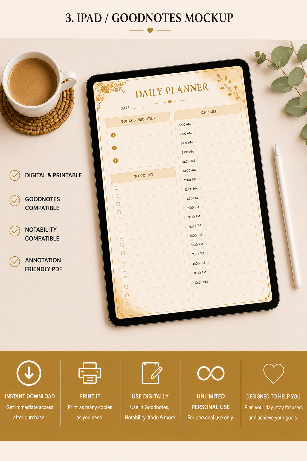 Premium Daily Planner | Printable PDF | Digital Daily Planner | Goodnotes & Notability Compatible