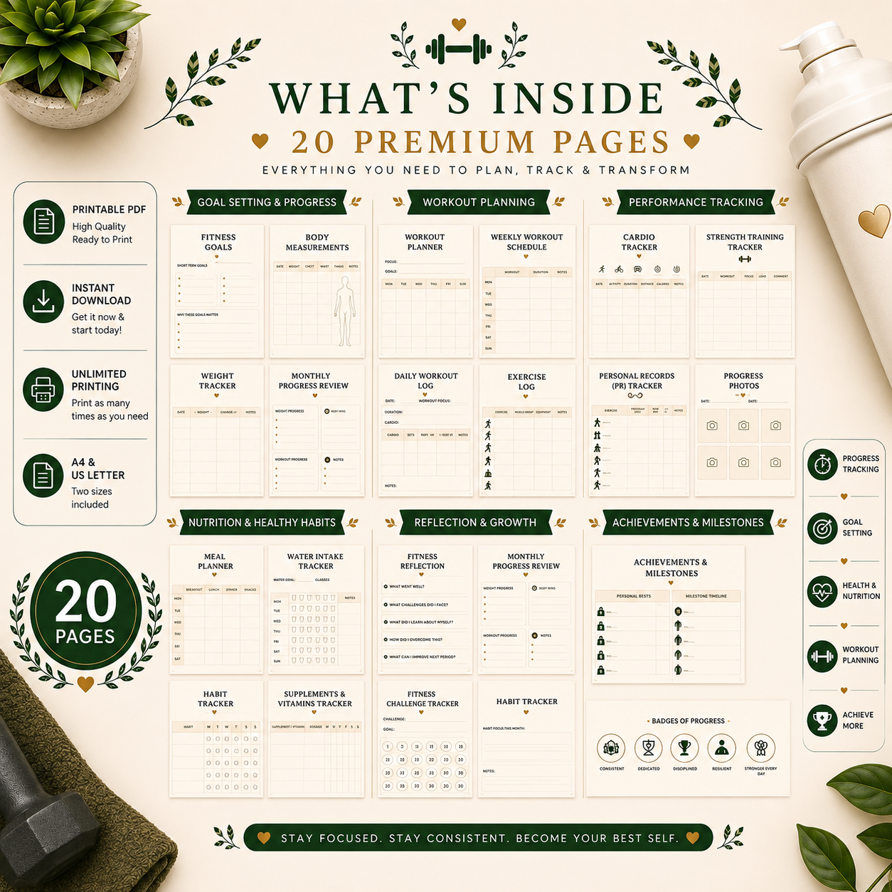 Premium Fitness Planner | Printable Workout, Meal & Wellness Tracker | 20-Page Digital PDF