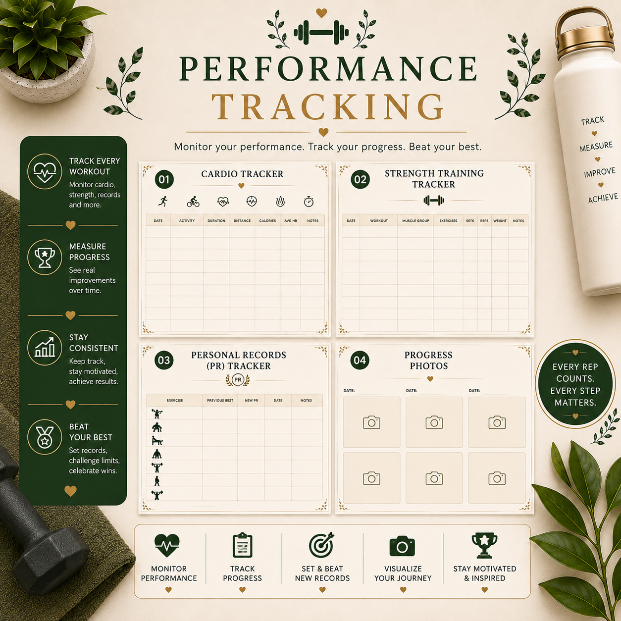 Premium Fitness Planner | Printable Workout, Meal & Wellness Tracker | 20-Page Digital PDF