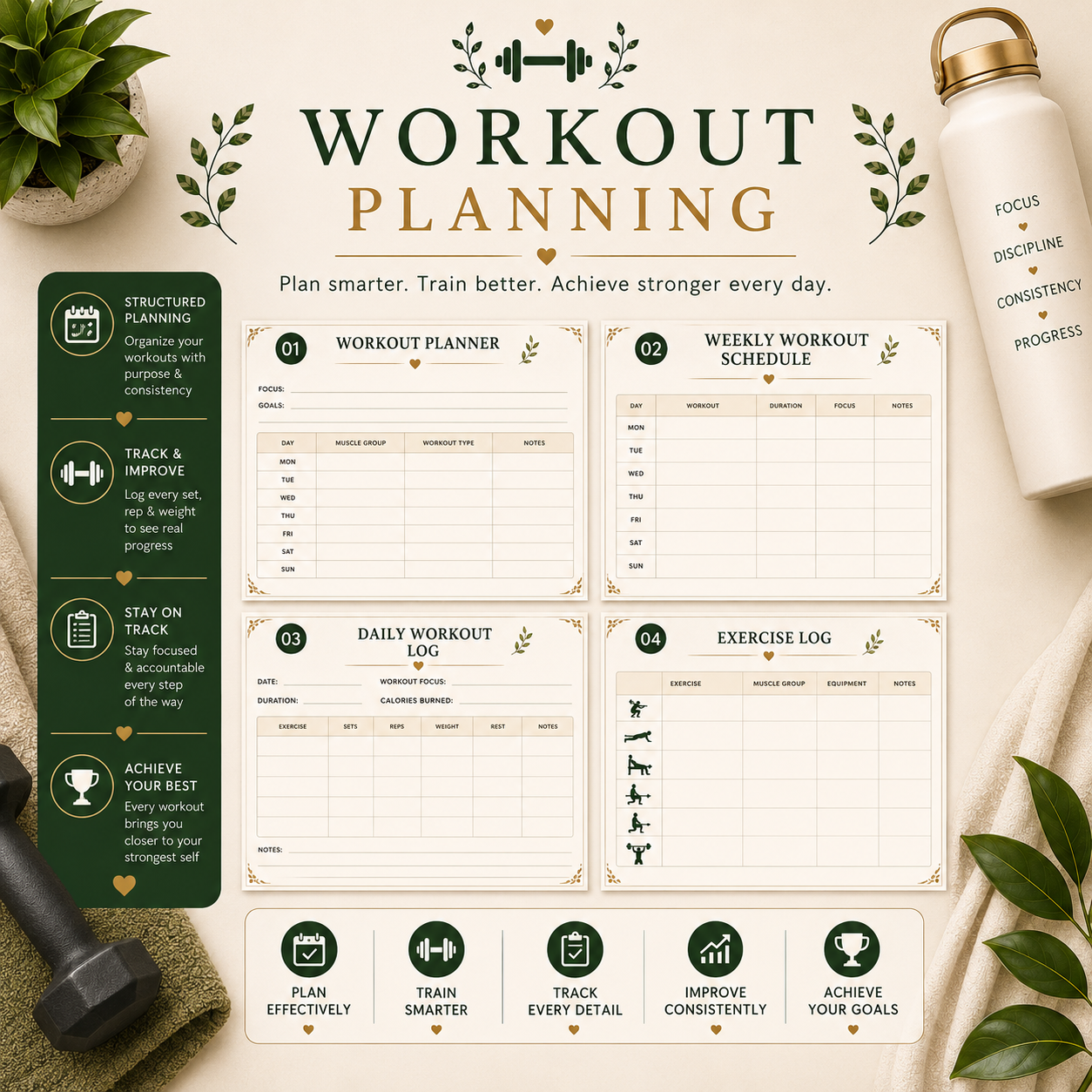Premium Fitness Planner | Printable Workout, Meal & Wellness Tracker | 20-Page Digital PDF