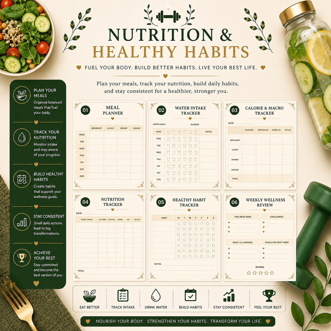 Premium Fitness Planner | Printable Workout, Meal & Wellness Tracker | 20-Page Digital PDF